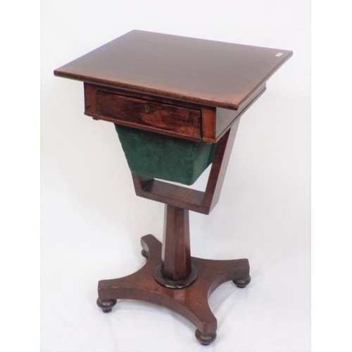 195 - William IV mahogany work box, the drawer with sectioned shelf, and material drawer under, on U-shape... 