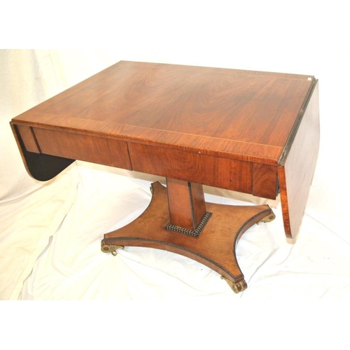 215 - Edwardian inlaid rosewood sofa table with drop leaves, rounded borders, pull-out supports, beaded de... 