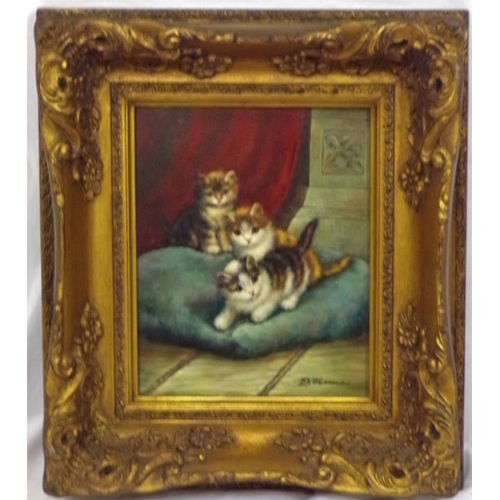 242 - B. Thomas 'Cats on a blanket' oil on board 24x19cm signed