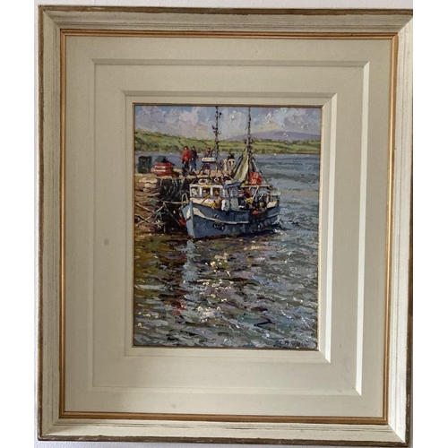 243 - James S. Brohan 'Trawler by a pier with figures' oil on board 45x35cm signed