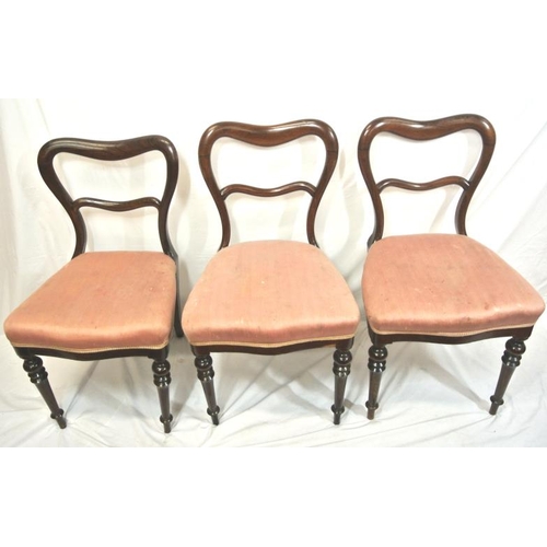 264 - Set of three Victorian rosewood balloonback dining  chairs with shaped rails, serpentine fronted uph... 