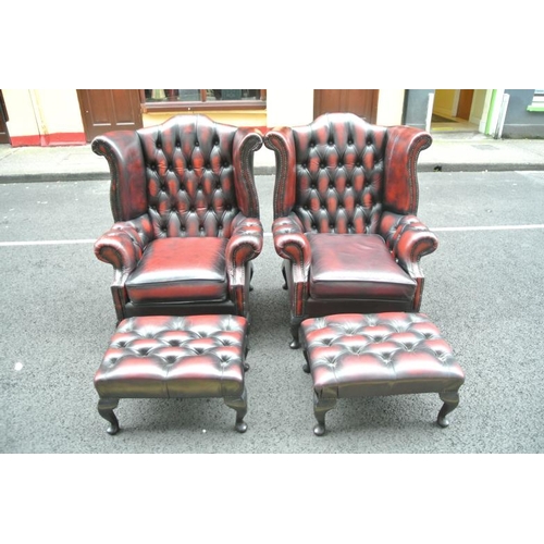 270 - Pair of Georgian design wingback library armchairs with buttoned leather upholstery, brass buttons, ... 