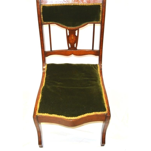 273 - Edwardian inlaid mahogany bedroom chair with railed upholstered back and serpentine fronted seat, on... 