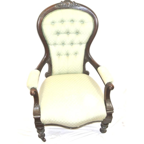 275 - Victorian mahogany open armchair with foliate carving, buttonback and serpentine fronted upholstered... 