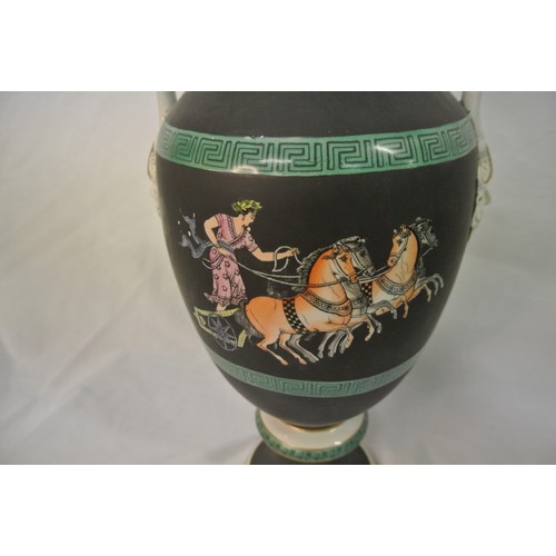 206 - Pair of Asian baluster shaped vases with shaped and figured handles, horse and figured decoration, o... 