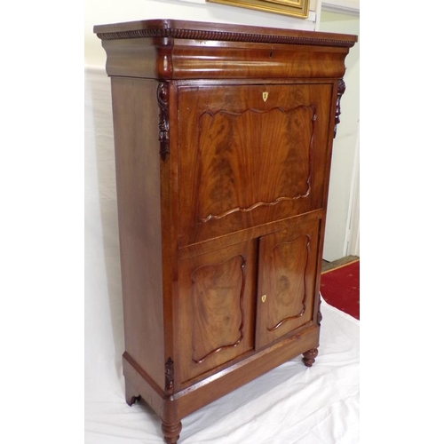 40 - Louis XV style mahogany secretaire abbant with reeded frieze, serpentine fronted top drawer, drop-do... 