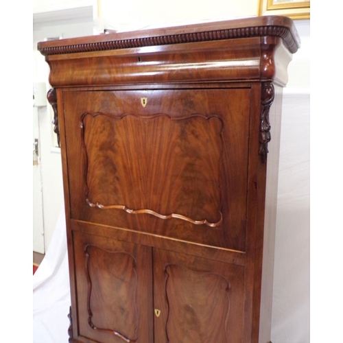 40 - Louis XV style mahogany secretaire abbant with reeded frieze, serpentine fronted top drawer, drop-do... 