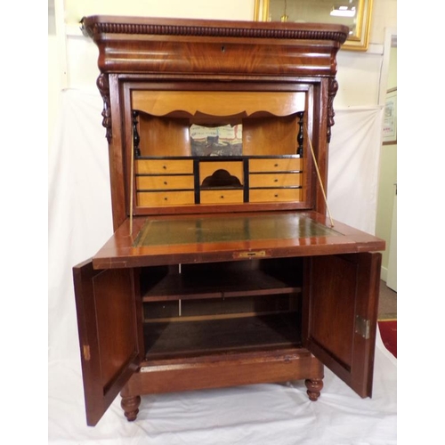 40 - Louis XV style mahogany secretaire abbant with reeded frieze, serpentine fronted top drawer, drop-do... 