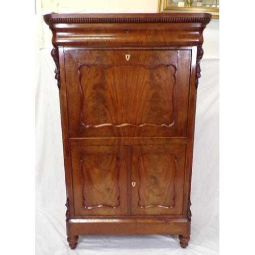 40 - Louis XV style mahogany secretaire abbant with reeded frieze, serpentine fronted top drawer, drop-do... 