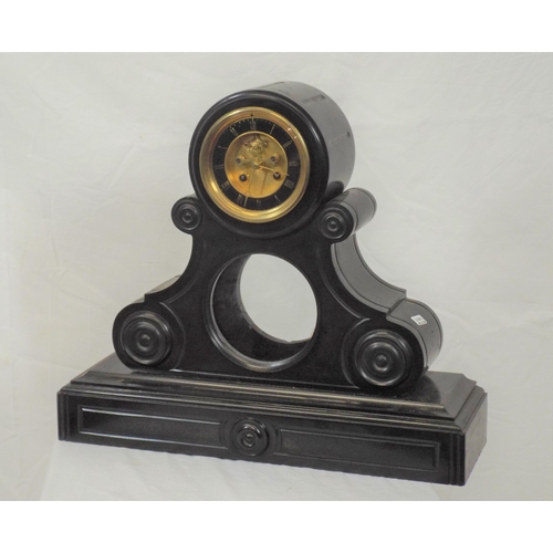 82 - French style slate mantle clock with round brass framed dial and pendulum on oblong base