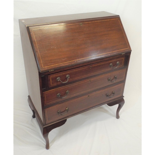 190 - Edwardian inlaid mahogany bureau with fall-out front, fitted interior, three drawers under with drop... 