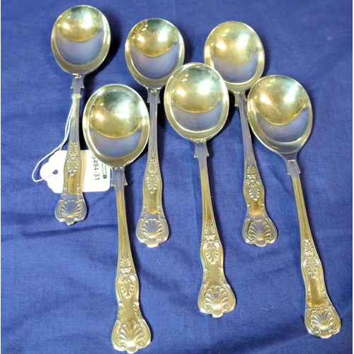 259 - Set of six Birmingham silver Kings Pattern spoons with shaped handles, dated 1934, 444g