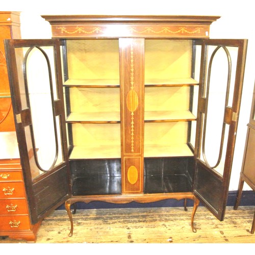 135 - Edwardian inlaid mahogany display cabinet with glazed doors and sides, shelved interior, ribbon and ... 