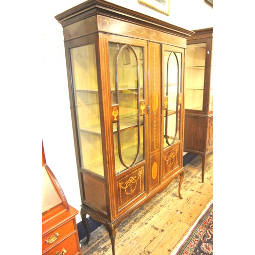 135 - Edwardian inlaid mahogany display cabinet with glazed doors and sides, shelved interior, ribbon and ... 