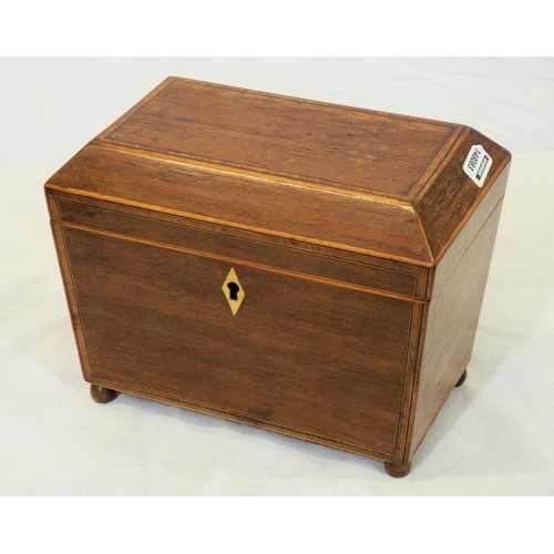 226 - Edwardian inlaid and crossbanded mahogany tea caddy with sarcophagus shaped top, fitted interior, wi... 