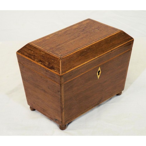 226 - Edwardian inlaid and crossbanded mahogany tea caddy with sarcophagus shaped top, fitted interior, wi... 