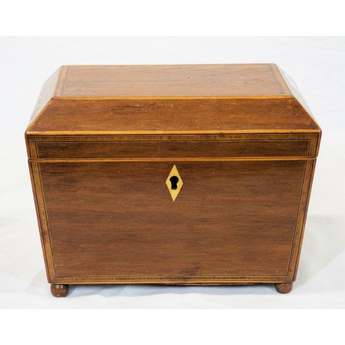 226 - Edwardian inlaid and crossbanded mahogany tea caddy with sarcophagus shaped top, fitted interior, wi... 