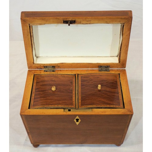 226 - Edwardian inlaid and crossbanded mahogany tea caddy with sarcophagus shaped top, fitted interior, wi... 