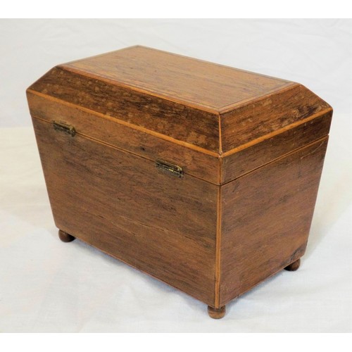 226 - Edwardian inlaid and crossbanded mahogany tea caddy with sarcophagus shaped top, fitted interior, wi... 