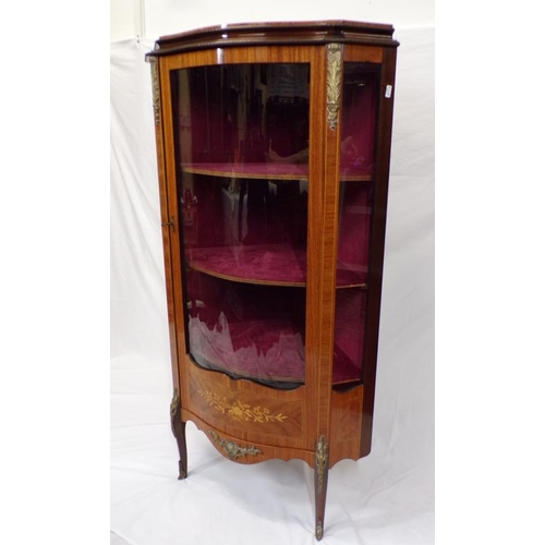 105 - Edwardian satinwood Vernis Martin style corner display cabinet with glazed doors, shelved interior, ... 