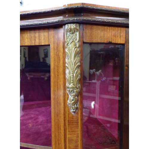 105 - Edwardian satinwood Vernis Martin style corner display cabinet with glazed doors, shelved interior, ... 