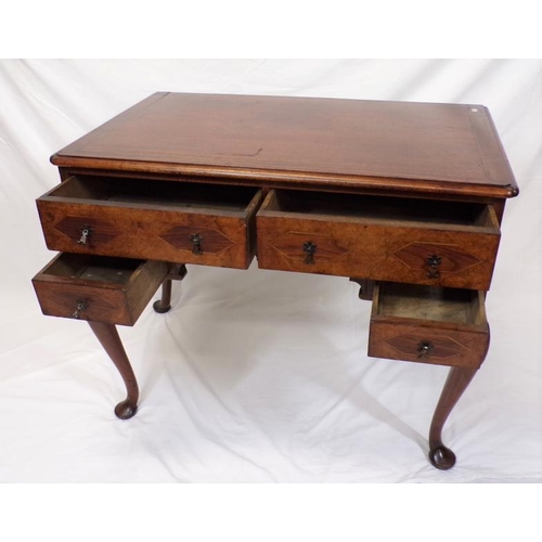 110 - Georgian inlaid mahogany and walnut lowboy with rounded border, two frieze and two side drawers with... 