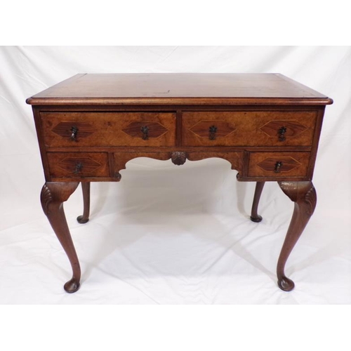 110 - Georgian inlaid mahogany and walnut lowboy with rounded border, two frieze and two side drawers with... 