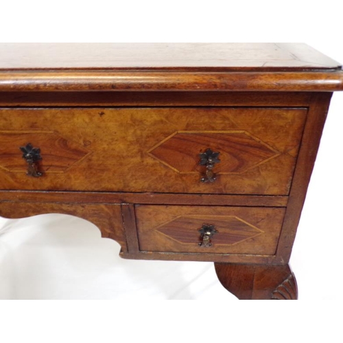 110 - Georgian inlaid mahogany and walnut lowboy with rounded border, two frieze and two side drawers with... 