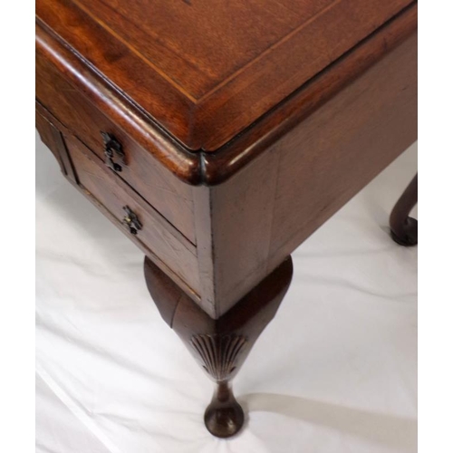 110 - Georgian inlaid mahogany and walnut lowboy with rounded border, two frieze and two side drawers with... 