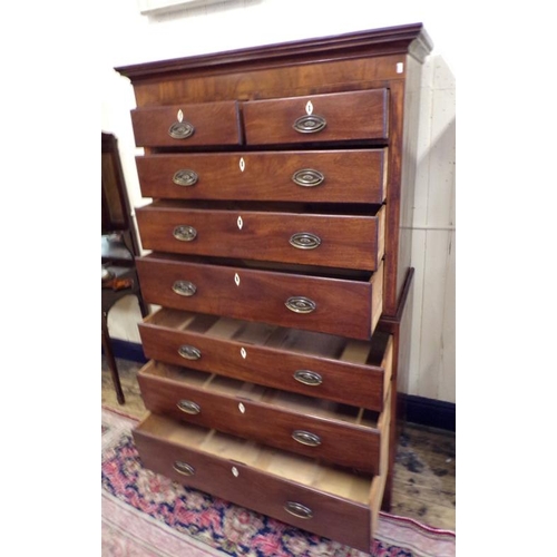 120 - Edwardian inlaid mahogany chest on chest with six long and two short drawers with mother of pearl es... 