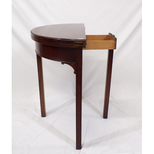 124 - Edwardian mahogany demi lune card table with fold-over top, pull-out support, reeded borders, on squ... 