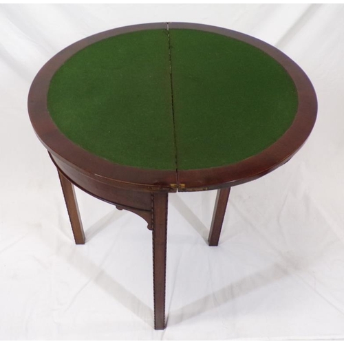 124 - Edwardian mahogany demi lune card table with fold-over top, pull-out support, reeded borders, on squ... 