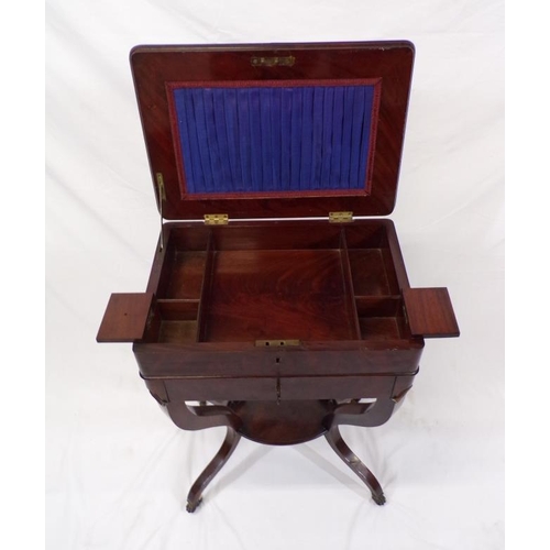 129 - Victorian mahogany work box with lift-up lid, fitted interior, frieze drawer, raised on shaped legs,... 