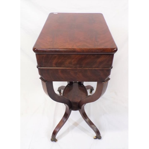 129 - Victorian mahogany work box with lift-up lid, fitted interior, frieze drawer, raised on shaped legs,... 