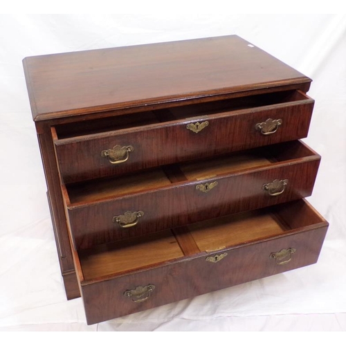 136 - Edwardian rosewood small chest of three drawers, with ornate brass drop handles and escutcheons, on ... 