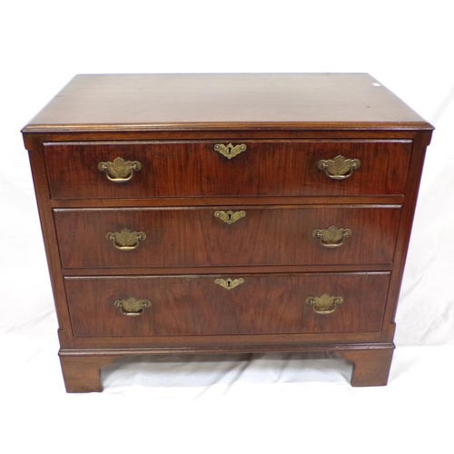 136 - Edwardian rosewood small chest of three drawers, with ornate brass drop handles and escutcheons, on ... 