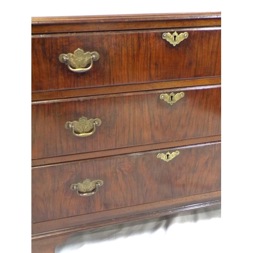 136 - Edwardian rosewood small chest of three drawers, with ornate brass drop handles and escutcheons, on ... 