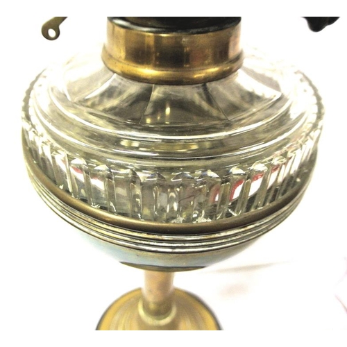 138 - Victorian brass table oil lamp with round base, glass bowl and etched shade