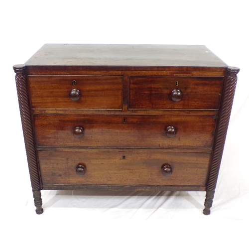 139 - Irish Georgian chest of two short and two long drawers with brass escutcheons, bun handles, barleytw... 