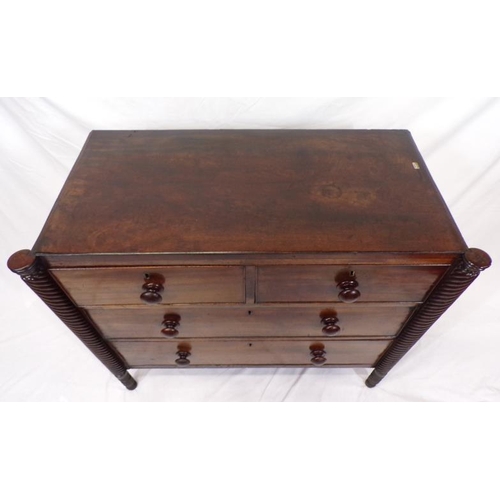 139 - Irish Georgian chest of two short and two long drawers with brass escutcheons, bun handles, barleytw... 