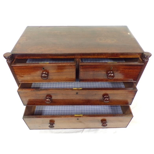 139 - Irish Georgian chest of two short and two long drawers with brass escutcheons, bun handles, barleytw... 