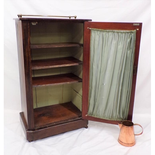 14 - Edwardian inlaid mahogany cabinet with brass rail, glazed door, shelved interior, on castors