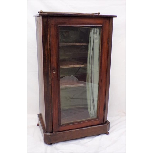 14 - Edwardian inlaid mahogany cabinet with brass rail, glazed door, shelved interior, on castors