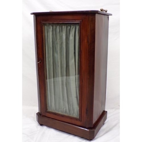 14 - Edwardian inlaid mahogany cabinet with brass rail, glazed door, shelved interior, on castors