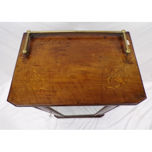 14 - Edwardian inlaid mahogany cabinet with brass rail, glazed door, shelved interior, on castors