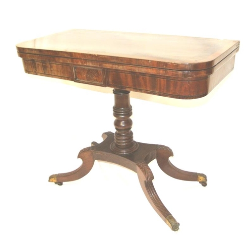 140 - Regency rosewood and mahogany card table with swivel fold-over top, round corners, turned shaped col... 