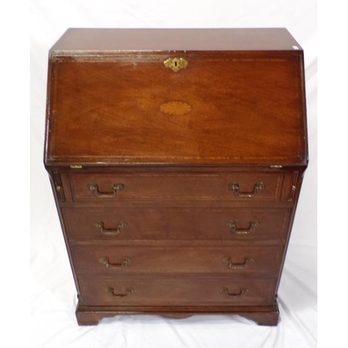 145 - Edwardian inlaid and crossbanded mahogany bureau with brass escutcheon, fall-down front with pull-ou... 