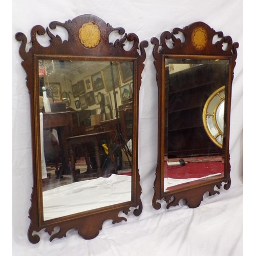 148 - Pair of Queen Anne mahogany framed bevelled glass wall mirrors with foliate inlay and scroll decorat... 