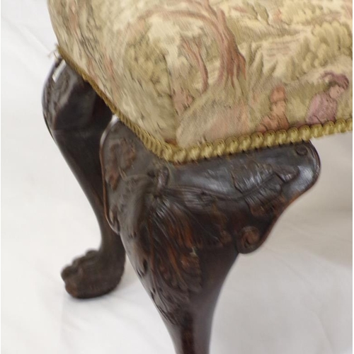 151 - Georgian Irish mahogany stool with scenic upholstery, with cabriole legs with lionclaw feet