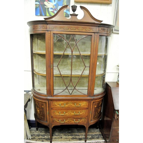 155 - Edwardian Sheraton style inlaid and crossbanded mahogany display cabinet with swan arch neck, crossb... 